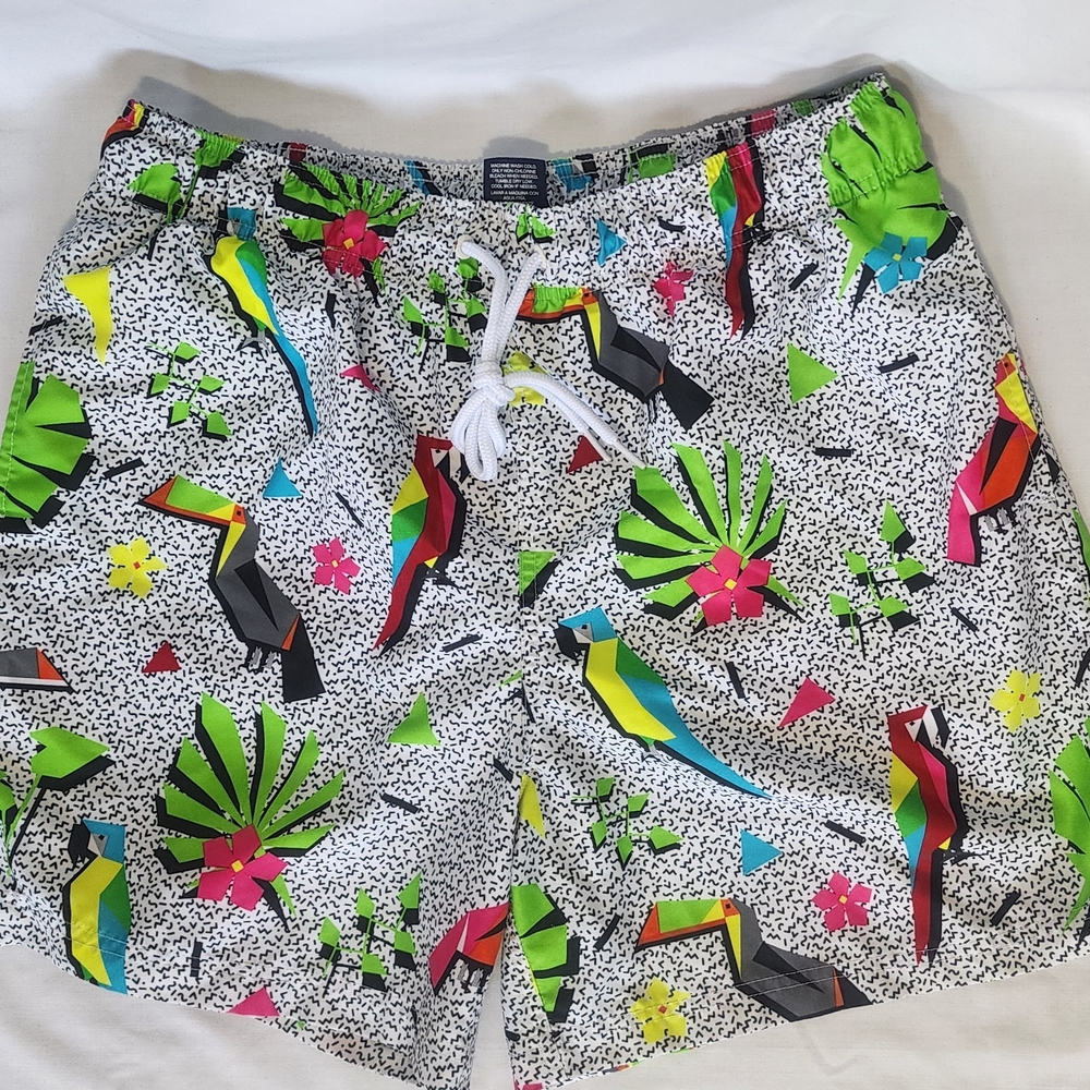 George Parrot Print Swim Trunks - Green, Blue, Red